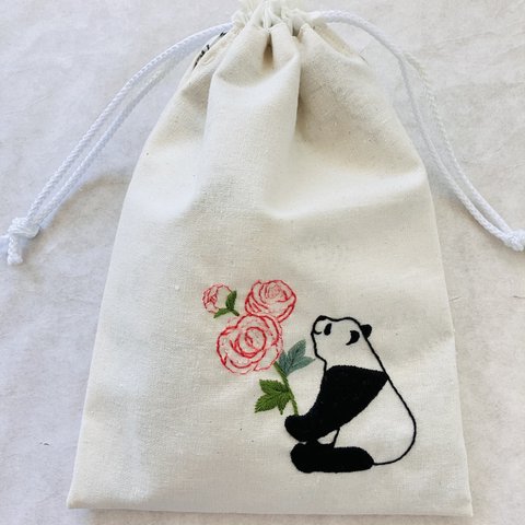 手刺繍 巾着袋 【バラとパンダ】