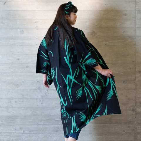 浴衣 着物 ローブ,Kimono robe, Kimono Jacket, Yukata Cardigan, Summer Kimono, Headband, 100% Cotton, 黒に緑薄柄