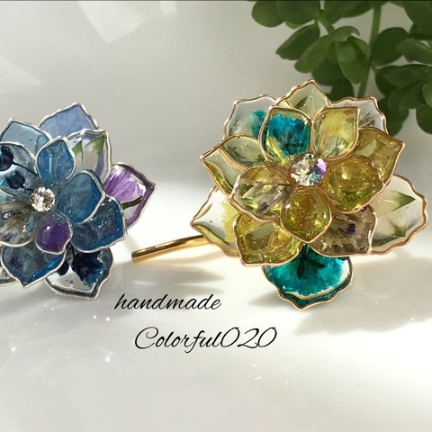 ポニーフック 紫陽花 ドライフラワー 押し花を散りばめたワイヤー  ゴールド/シルバー