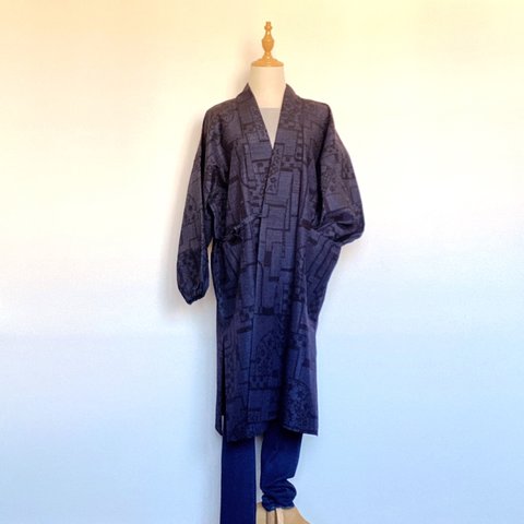 結城紬で作務衣風 ロングコート  送料無料〈着物リメイク〉