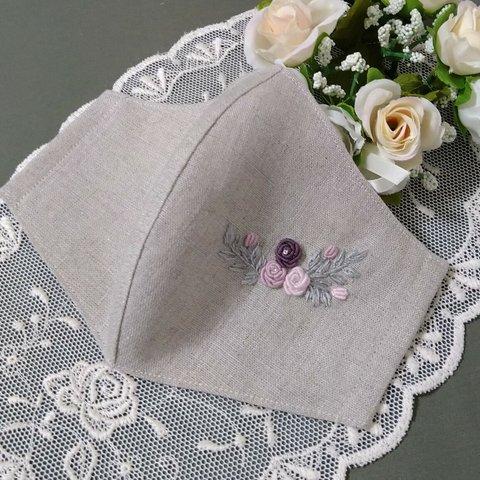 ♪手刺繍マスク　マスクカバー　かわいいマスク　ローズ　薔薇　花柄　レトロ　華やか　上品　癒し　ナチュラル　