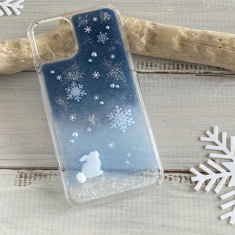 冬　雪の結晶とうさぎ　群青色　iPhone 各機種対応　