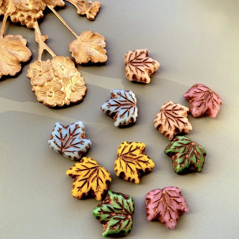 【5pair 10コset】JIRI＊IVANA#czech beads#チェコビーズ　maple leaf13㍉　mix assort/copper