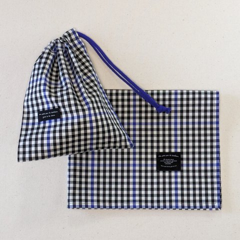 bb１　ランチョンマット・巾着袋　セット　黒×青×白　チェック柄