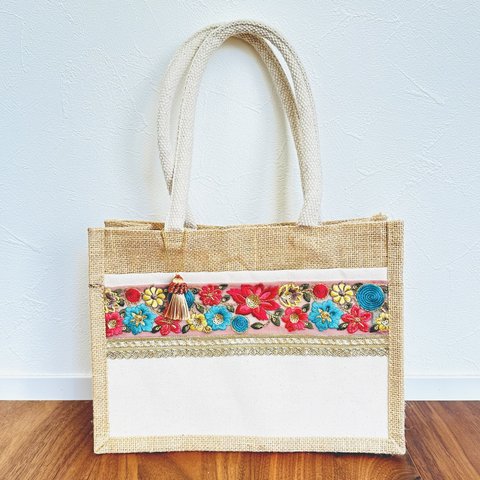 ジュートバック　インド刺繍　マルチカラー　JB2