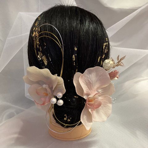 new♡桃色　胡蝶蘭　ピンク　ドライフラワー　ホワイト　白　ゴールド　ヘッドパーツ　金箔　銀箔　水引　金銀　髪飾り　打掛　袴　振袖　成人式　前撮り　着物