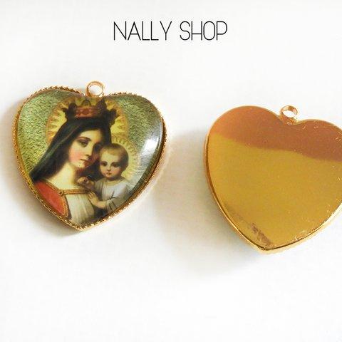 【2個】Virgin Mary & Jesus Big Heart Charm Gold Part.II【M-232】