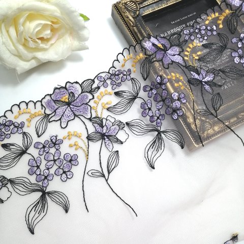 ラスト❣️ 1.4m パープル 花柄刺繍  チュールレース　ハンドメイド生地　はぎれ 素材　