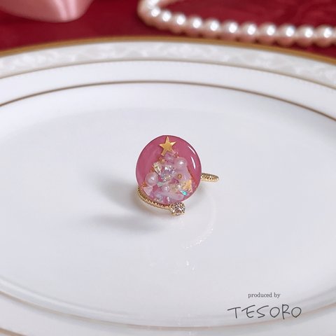 【レジン❤︎フォークリング】クリスマス　ツリー×ピンク　冬