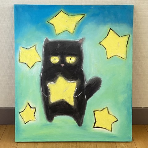 絵画。原画☆キャンバス F10【夜、黒猫が星を抱いて願い事をする】