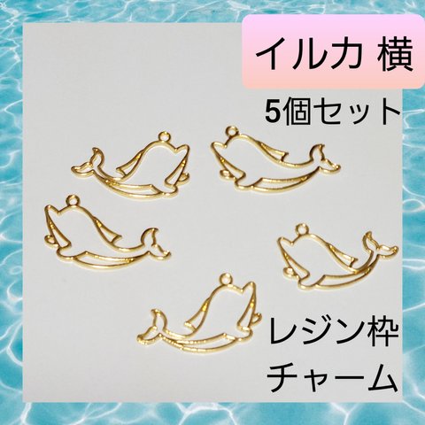 【ハンドメイドパーツ】イルカ 横向き レジン枠 チャーム 5個セット 01