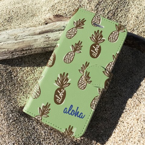 【カメラホール付】iPhone/Android 名入れ♪アロハパイン ALOHA PINE★手帳型スマホケース GREEN