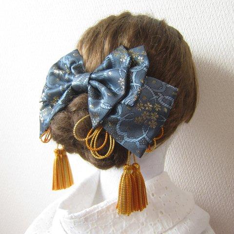 髪飾り　リボン✿金襴 桜　藍色　ウエディング　成人式　卒業式　着物　袴　振袖　