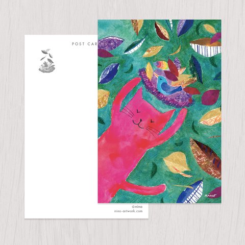 ポストカード2枚セット　赤い猫と青い鳥「ハルとソラ」No.2021-10