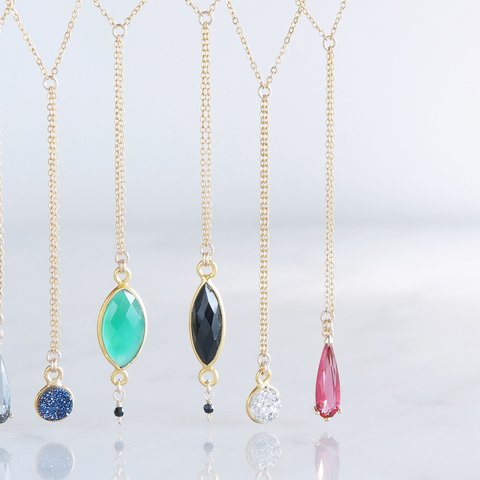 【Gold Vermeil/Gemstone】14KGF Lariat Y Choker Necklace-Marquise Black Onyx/Marquise Green Onyx-