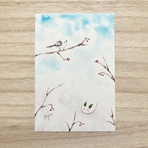 🐤透明水彩画「シマエナガと雪うさぎ」イラストポストカード ２枚セット 　鳥　ウサギ　冬　雪　寒中お見舞い　年賀状　🐤