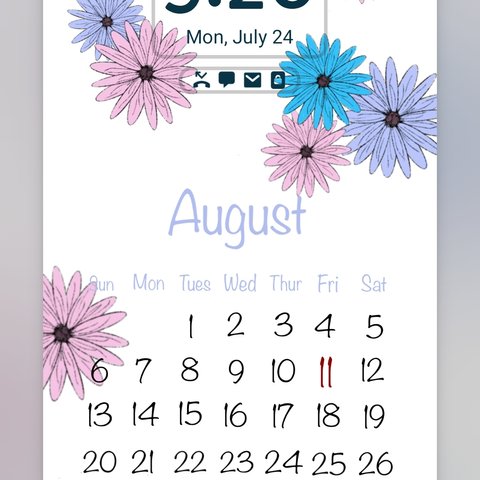 ８月カレンダー付のスマホ壁紙　花デザイン