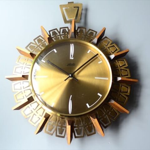 西ドイツ製 Atlanta 真鍮の壁時計 ブラスｘウッドフレーム ミッドセンチュリー 電池式 壁掛け時計 アンティーク_240325 ig3836