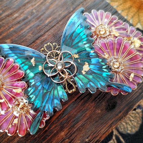 鴉揚羽蝶と合歓の花バレッタ（hair ornaments of butterfly and flower〜sleeping flower〜）