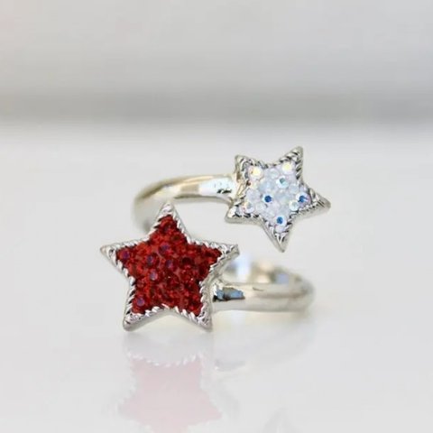 【受注制作】  wish upon a star ring   《red×white》　（silver）　ダブルスター　フォークリング