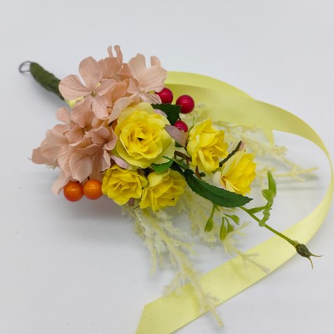 【ハンドメイド】アーティフィシャルフラワー 花束 ブーケ  スワッグ 薔薇　黄色