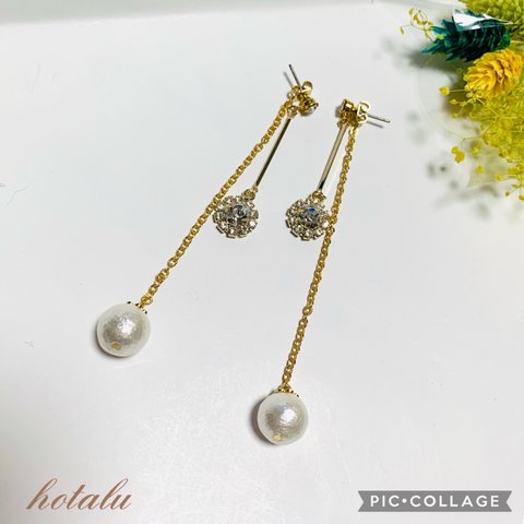 ✳煌めくクリスタル&コットンパールの2wayピアス（金具変更可能）