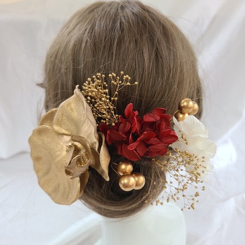 送料込み)オリジナル髪飾り「胡蝶蘭アジサイワインレッド」1輪ゴールド成人式結婚式和装
