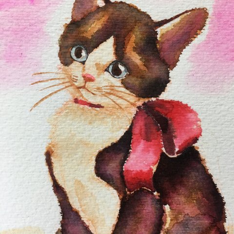 【原画】赤いリボンを付けたハチワレ子猫