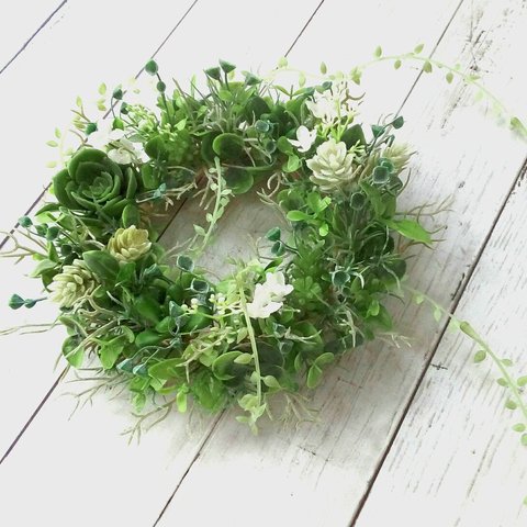 プレゼントにも🌿Petit Succulennts Wreath (23cm)玄関リース　リモート部屋　結婚祝い　新築祝い　誕生日　プレゼント
