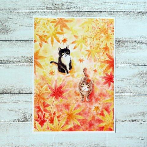 A4ポスター　猫パステル画〈トロとクロの紅葉狩り〉　ハチワレ猫クロとキジトラ猫トロのほのぼのしたイラスト