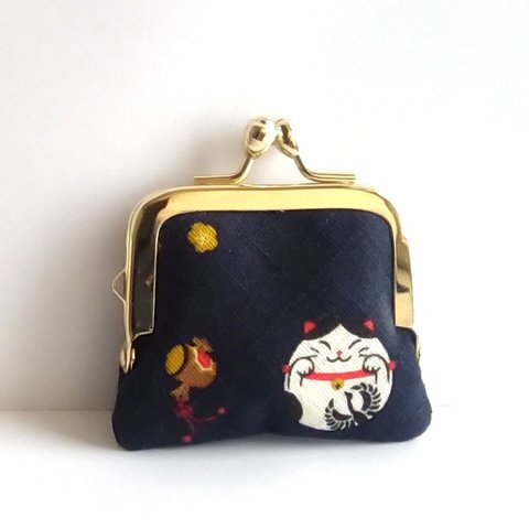 ■角型■小さいがま口：ちっちゃいがま口：角249：かわいいがまぐち：小さい財布：littlie purse：猫,真ん丸ネコ,紺