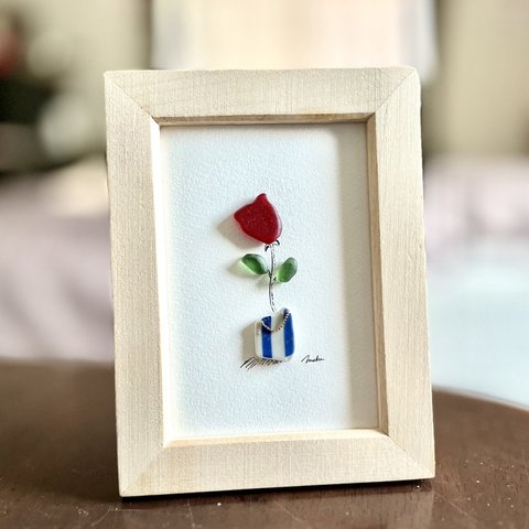 シーグラスアート『真紅のバラ』インテリア雑貨