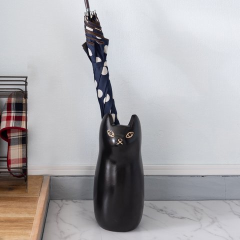  子猫 陶器 フラワースタンド 黒 傘立て フラワーポット