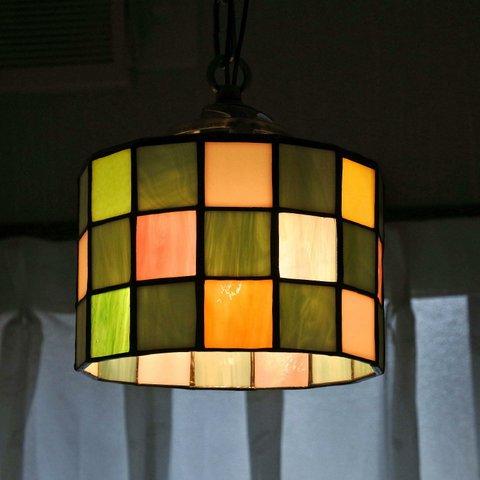 一点物「 四角で丸いランプ 」 ステンドグラス 照明 ランプ ペンダント