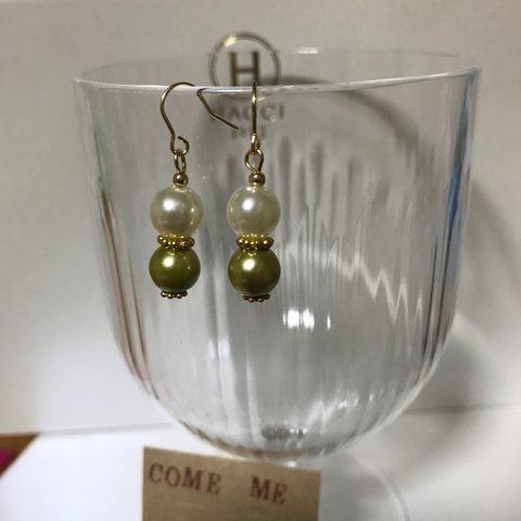 ハンドメイド ピアス パールと抹茶