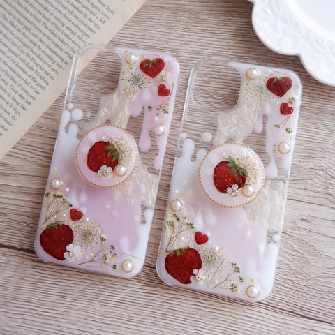 ❁スマホグリップ選択❁ ニュアンスいちごミルク❁.*･ﾟ押し花iPhoneケース 【※iPhone専用ページ】