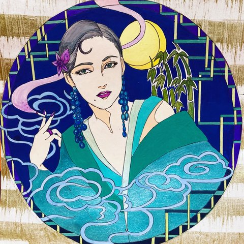 お部屋のワンポイントに♪和の夜と着物女性のイラスト「月と竹」