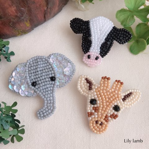 ビーズ刺繍の動物達(キリン・ゾウ・うし) ※受注制作