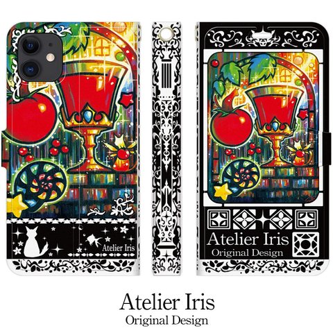 【魅惑のトマトジュース】猫 油絵 iPhone 手帳型 スマホケース 携帯ケース 送料無料 黒バージョン