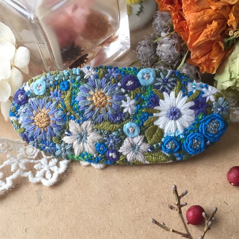 花刺繍オーバルバレッタ   old blue