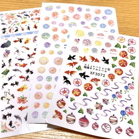 浴衣にピッタリ！夏ネイルシール3枚セット　花火　金魚　朝顔