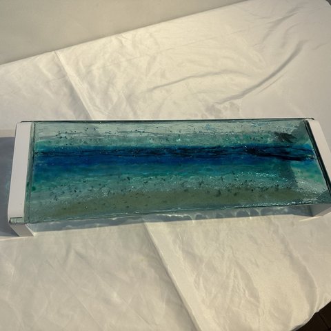 現品販売　ブルーウォーター　ホヌの泳ぐ海　ガラス　モニタースタンド キーボードラック    