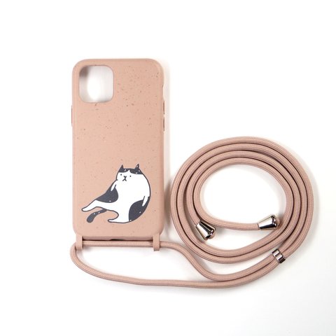 【iPhone】ショルダー付き スマホケース だらけた猫 北欧 ストラップ付き 肩掛け iPhoneケース