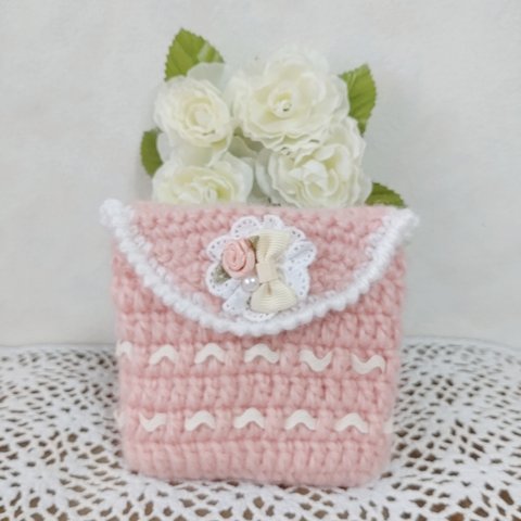 ♪手編み小物入れポーチ ピンク バラ リボン レース