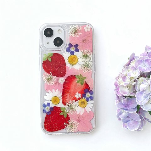 🌸桜と苺🍓 押し花ケースiPhone15Pro/SE/Xperia10V/GALAXYS24/AQUOS iPhoneケース スマホケース  iPhoneケース スマホケース 