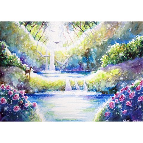 【原画】水と光の楽園（水彩画）★森 楽園 絵画インテリア プレゼントに