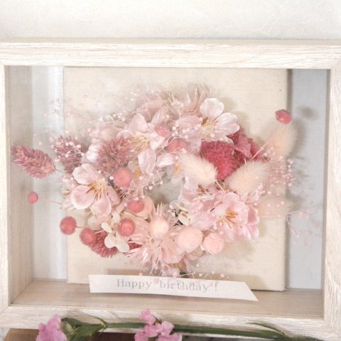 ギフトリースボックス　ドライフラワー　桜ピンク　リース　ギフトボックス　春色リース　PINK 両親贈呈　贈呈品　記念品