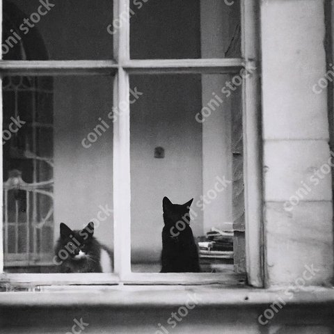 窓際の猫、レトロ、モノクロ、アート、古びた写真　conistock_66742_02