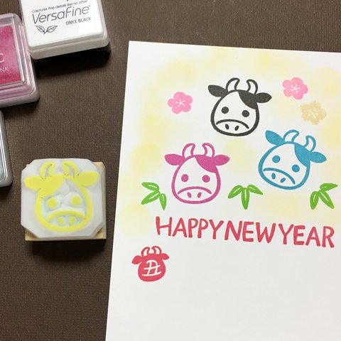 牛の顔の消しゴムはんこ（持ち手つき）