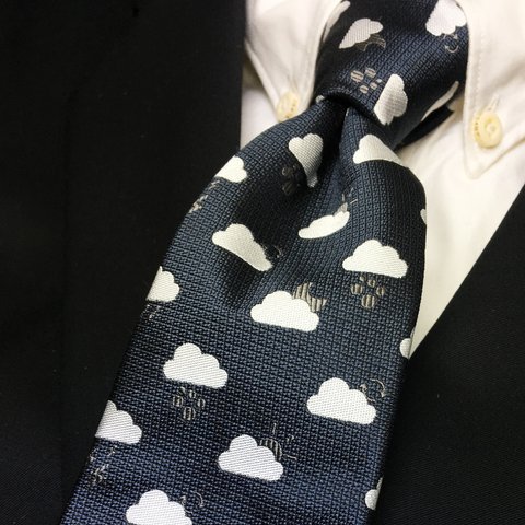 雲柄天気ネクタイ オリジナルシルク素材/グレー/黒/くもり